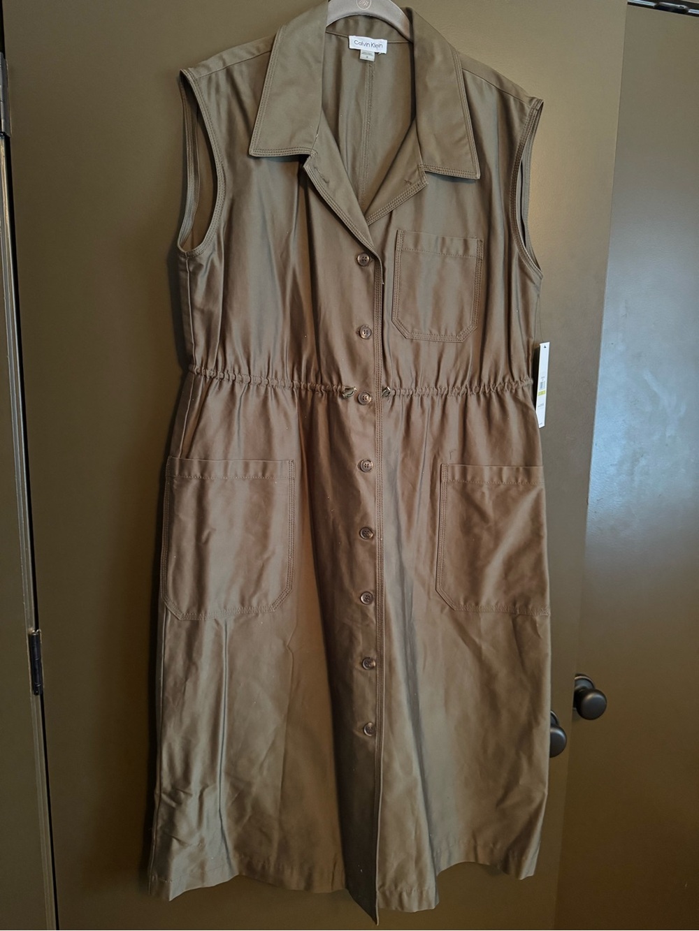 NWT Calvin Klein Sleeveless Button-Front Midi Dress in Dark Khaki